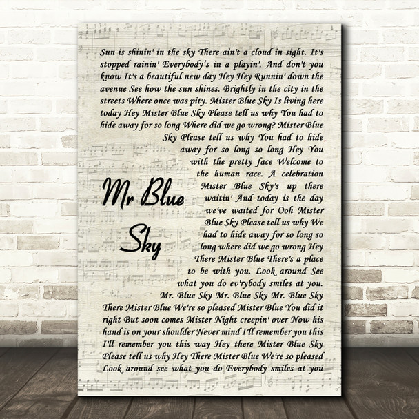 ELO Mr Blue Sky Vintage Script Song Lyric Music Art Print