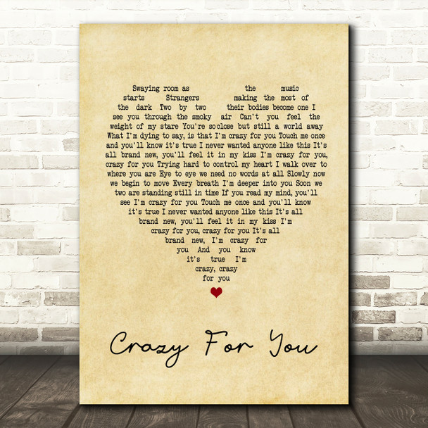Madonna Crazy For You Vintage Heart Song Lyric Quote Print