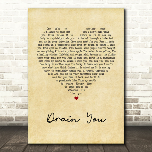 Nirvana Drain You Vintage Heart Song Lyric Quote Print