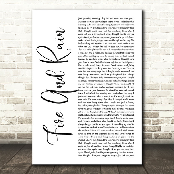 James Taylor Fire And Rain White Script Song Lyric Music Art Print