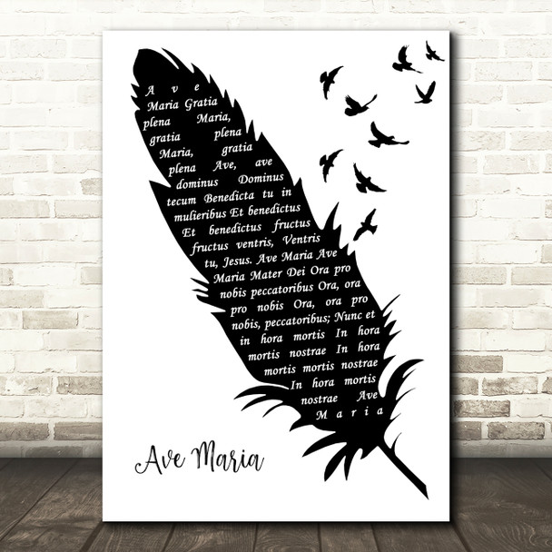 Andrea Bocelli Ave Maria Black & White Feather & Birds Song Lyric Art Print