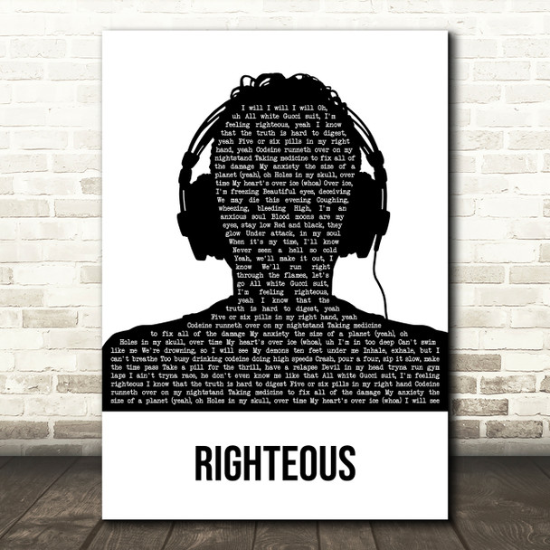 Juice Wrld Righteous Black & White Man Headphones Song Lyric Art Print