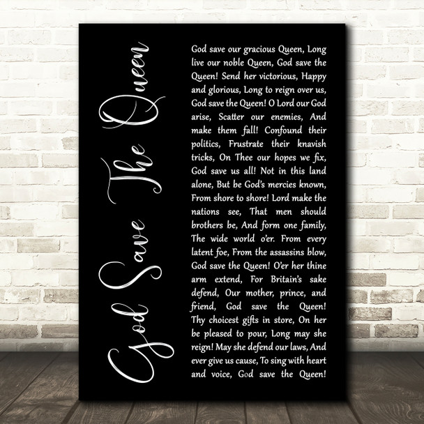 English National Anthem God Save The Queen Black Script Song Lyric Art Print