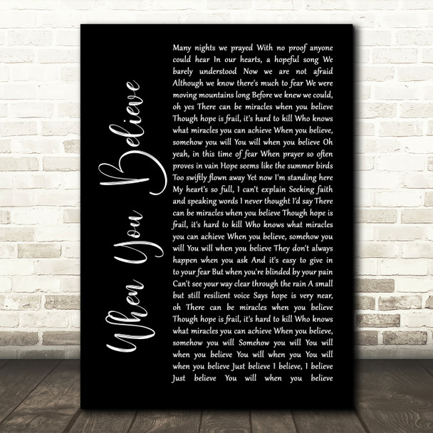 Whitney Houston & Mariah Carey When You Believe Black Script Song Lyric Art Print