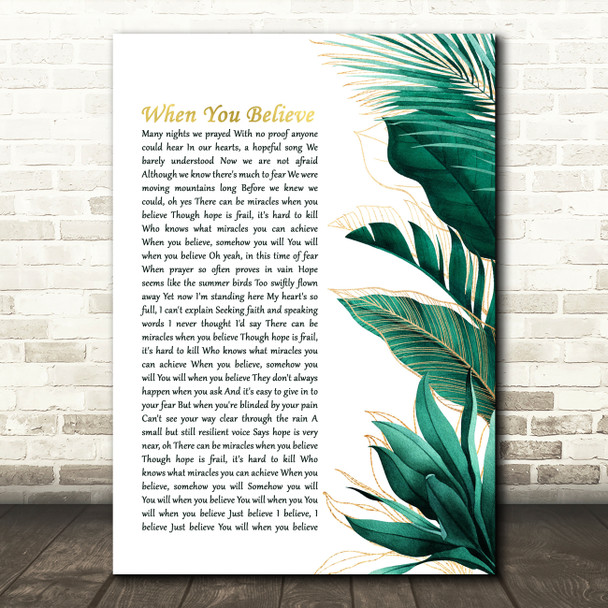 Whitney Houston & Mariah Carey When You Believe Gold Green Botanical Leaves Side Script Song Lyric Art Print