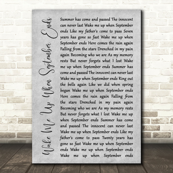 Green Day Wake Me Up When September Ends Grey Rustic Script Song Lyric Art Print