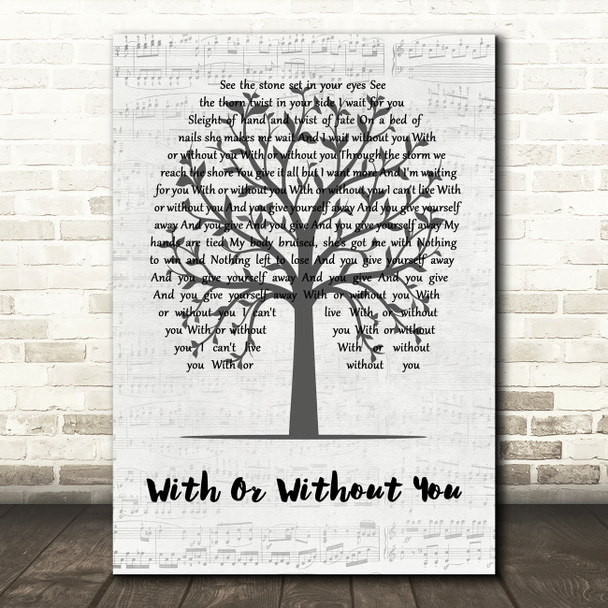 U2 With Or Without You Music Script Tree Song Lyric Art Print