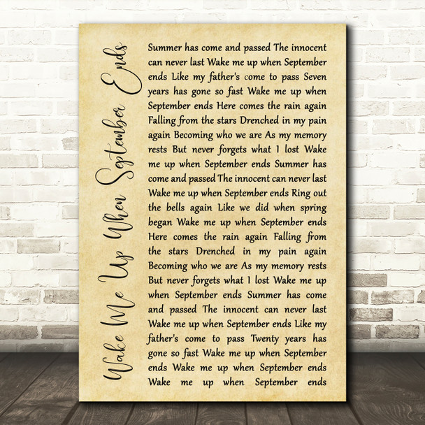 Green Day Wake Me Up When September Ends Rustic Script Song Lyric Art Print