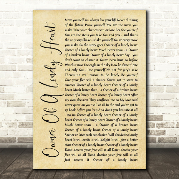 Yes Owner Of A Lonely Heart Rustic Script Song Lyric Art Print