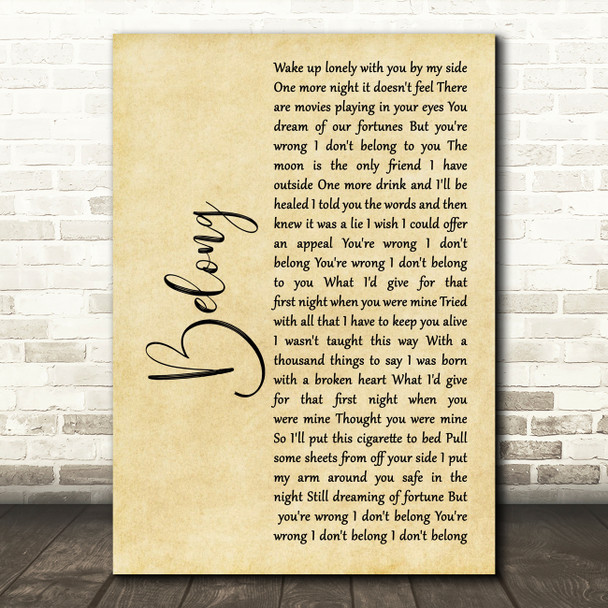 Cary Brothers Belong Rustic Script Song Lyric Art Print