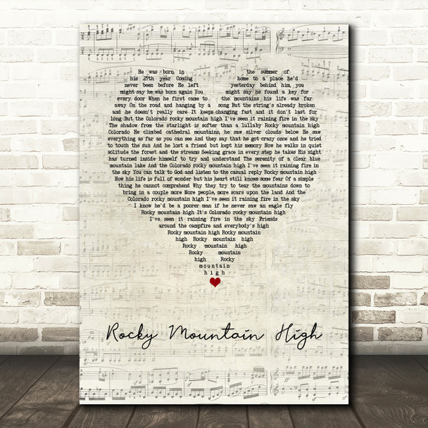 John Denver Rocky Mountain High Script Heart Song Lyric Art Print