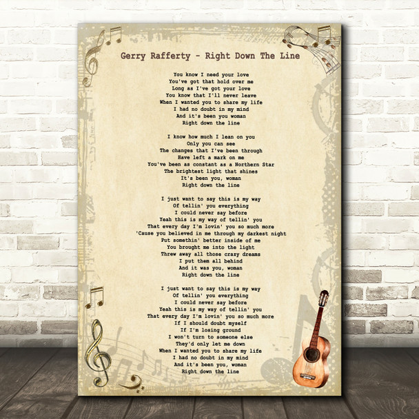 Gerry Rafferty Right Down The Line Vintage Guitar Song Lyric Art Print