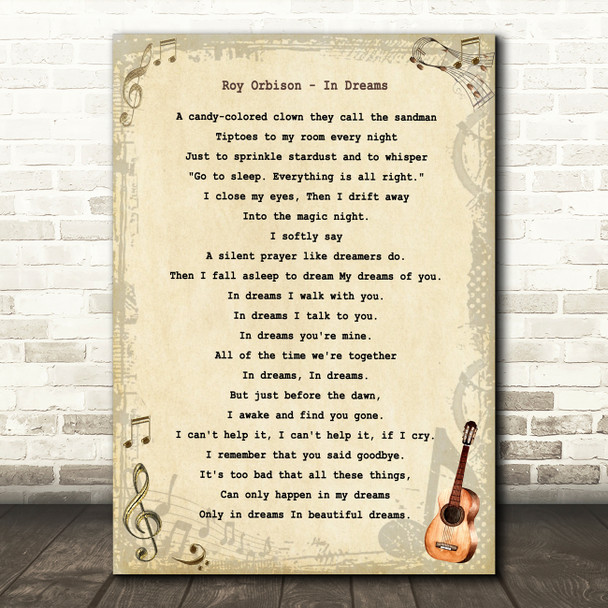 Roy Orbison In Dreams Vintage Guitar Song Lyric Art Print