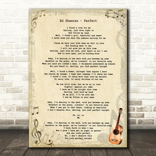 Ed Sheeran Perfect Vintage Guitar Song Lyric Art Print