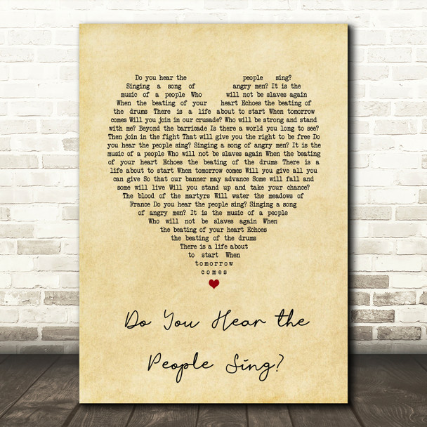 Les Miserables Do You Hear the People Sing Vintage Heart Song Lyric Art Print