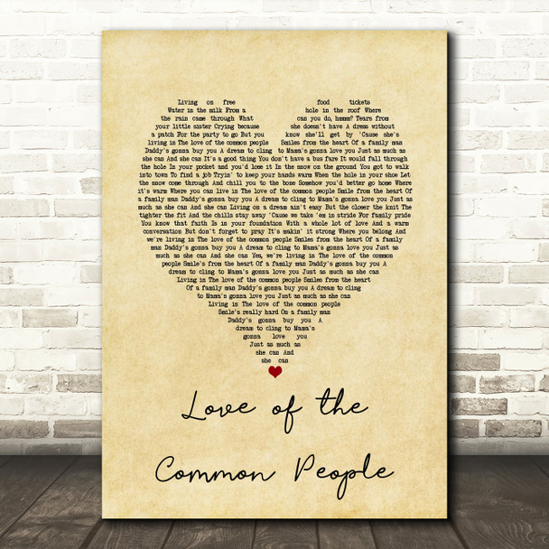 Paul Young Love of the Common People Vintage Heart Song Lyric Art Print