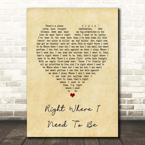 Gary Allan Right Where I Need To Be Vintage Heart Song Lyric Art Print