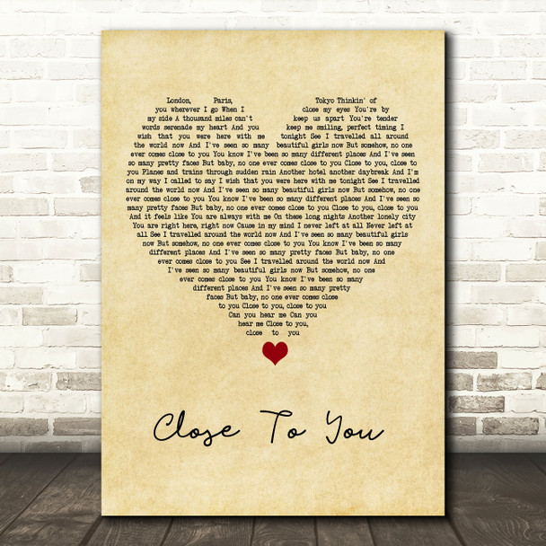 JLS Close To You Vintage Heart Song Lyric Art Print