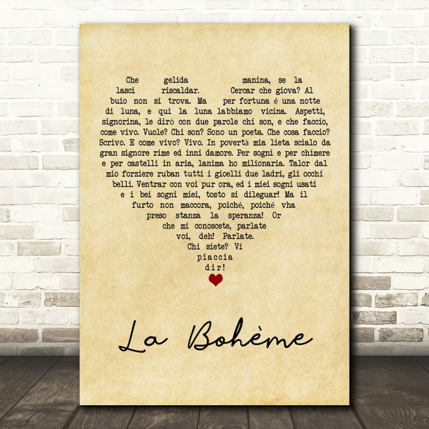 José Carreras La Bohème Vintage Heart Song Lyric Art Print