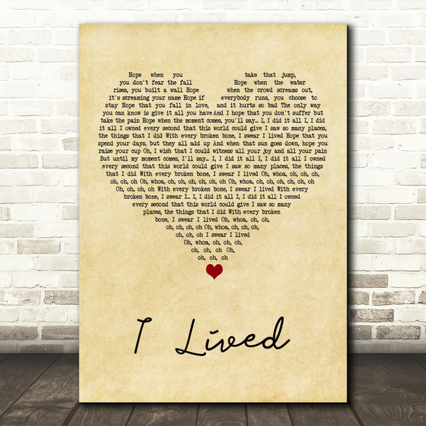 OneRepublic I Lived Vintage Heart Song Lyric Art Print