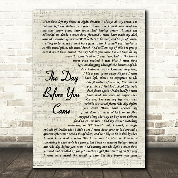 ABBA The Day Before You Came Vintage Script Song Lyric Art Print