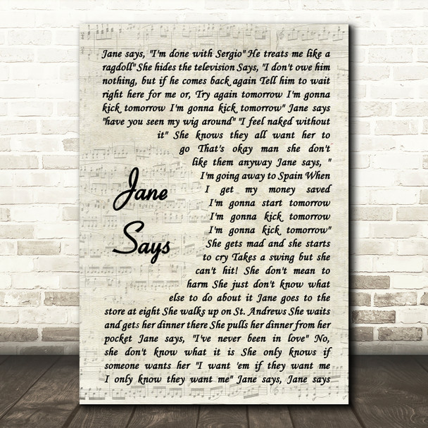Jane's Addiction Jane Says Vintage Script Song Lyric Art Print