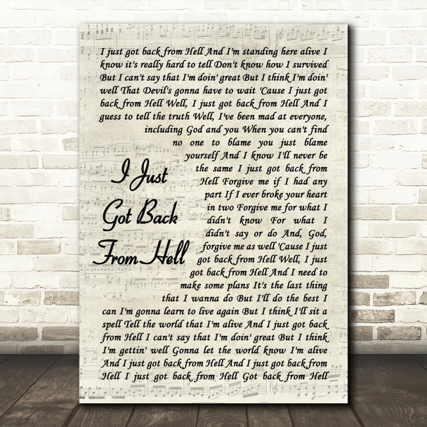 Gary Allan I Just Got Back from Hell Vintage Script Decorative Gift Song Lyric Print