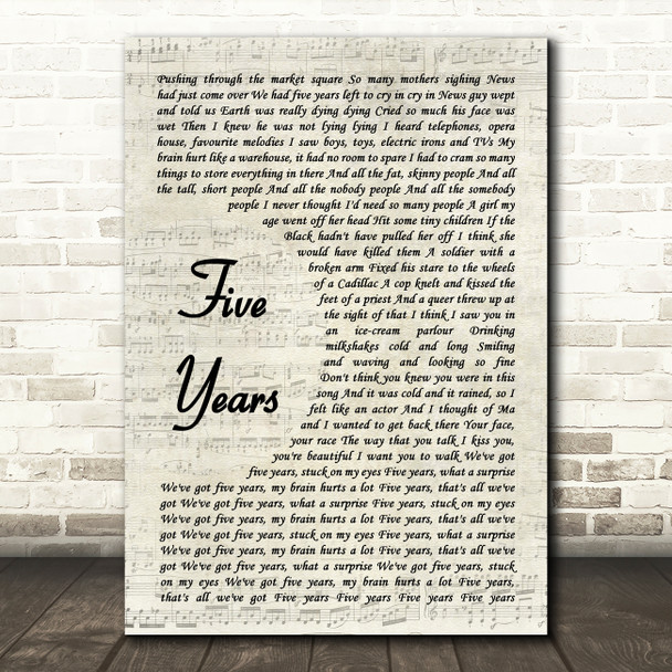 David Bowie Five Years Vintage Script Decorative Wall Art Gift Song Lyric Print