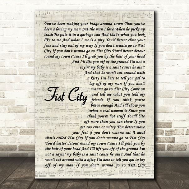 Loretta Lynn Fist City Vintage Script Decorative Wall Art Gift Song Lyric Print