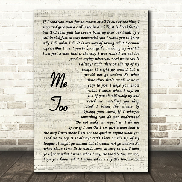 Toby Keith Me Too Vintage Script Decorative Wall Art Gift Song Lyric Print