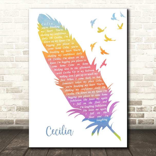 Simon & Garfunkel Cecilia Watercolour Feather & Birds Decorative Wall Art Gift Song Lyric Print