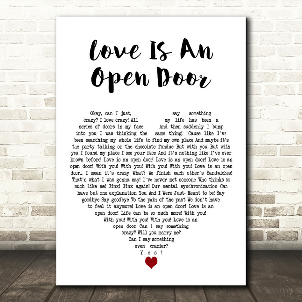 Kristen Bell & Santino Fontana Love Is An Open Door White Heart Wall Art Gift Song Lyric Print