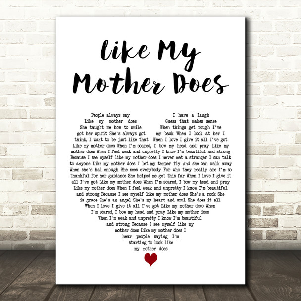 Lauren Alaina Like My Mother Does White Heart Decorative Wall Art Gift Song Lyric Print
