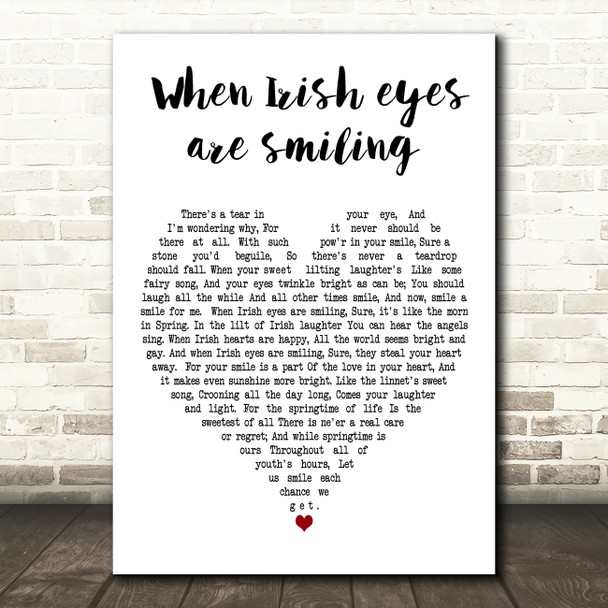 Joni james When Irish eyes are smiling White Heart Decorative Gift Song Lyric Print