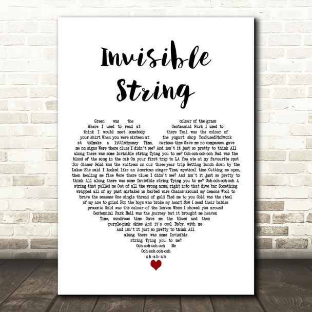 Taylor Swift Invisible String White Heart Decorative Wall Art Gift Song Lyric Print