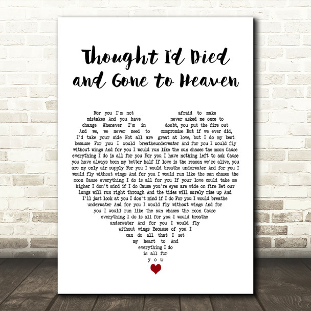 Bryan Adams Thought I'd Died and Gone to Heaven White Heart Song Lyric Print