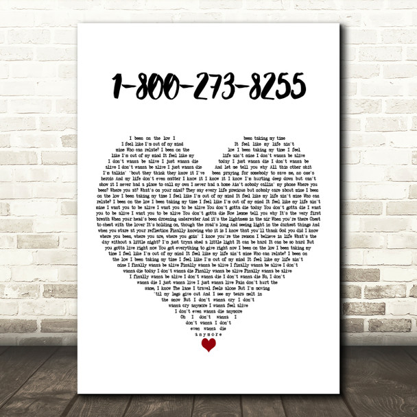 Logic 1-800-273-8255 White Heart Decorative Wall Art Gift Song Lyric Print