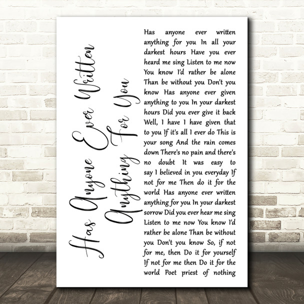 Stevie Nicks Has Anyone Ever Written Anything For You White Script Wall Art Gift Song Lyric Print