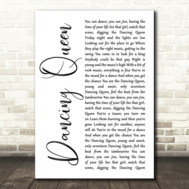 ABBA Dancing Queen White Script Decorative Wall Art Gift Song Lyric Print