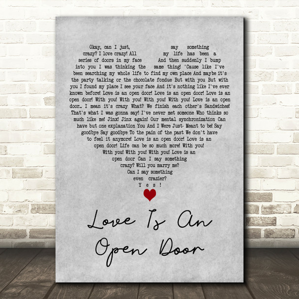 Kristen Bell & Santino Fontana Love Is An Open Door Grey Heart Wall Art Song Lyric Print