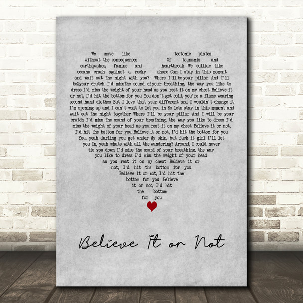 The Royston Club Believe It or Not Grey Heart Decorative Wall Art Gift Song Lyric Print