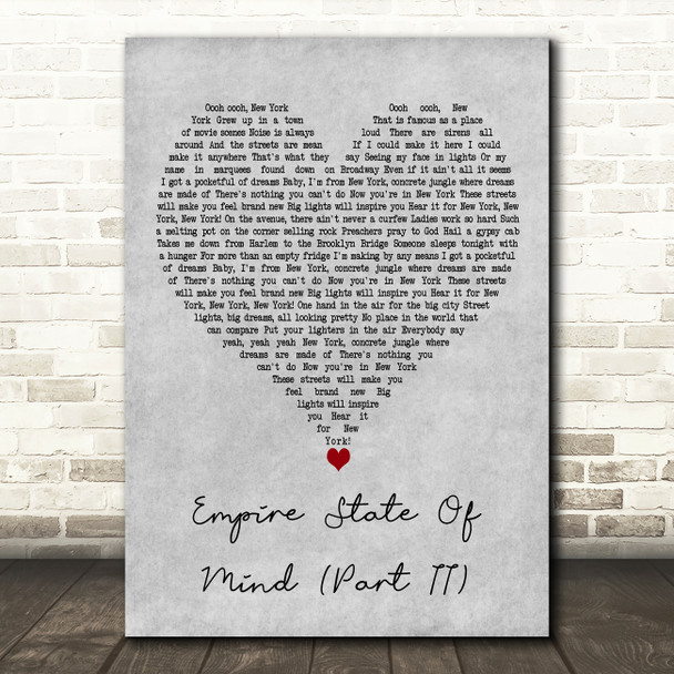 Alicia Keys Empire State Of Mind (Part II) Grey Heart Decorative Gift Song Lyric Print