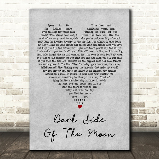 Pink Floyd Dark Side of the Moon Grey Heart Decorative Wall Art Gift Song Lyric Print