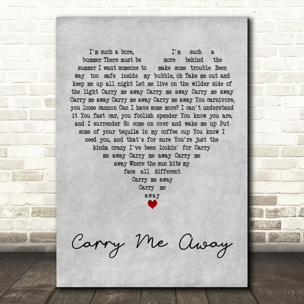 John Mayer Carry Me Away Grey Heart Decorative Wall Art Gift Song Lyric Print