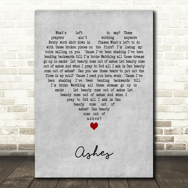Celine Dion Ashes Grey Heart Decorative Wall Art Gift Song Lyric Print