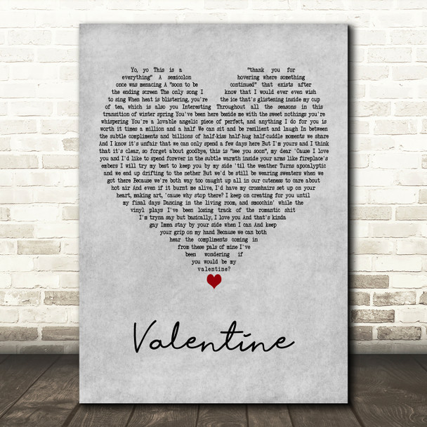 Atlas Valentine Grey Heart Decorative Wall Art Gift Song Lyric Print