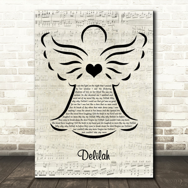 Tom Jones Delilah Music Script Angel Decorative Wall Art Gift Song Lyric Print