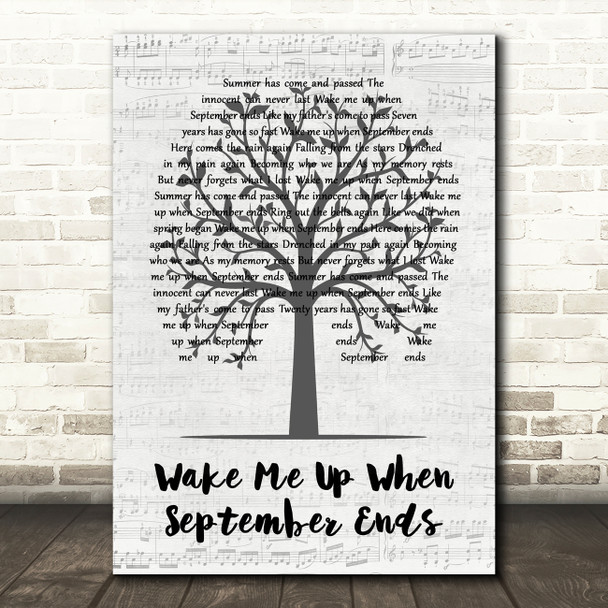 Green Day Wake Me Up When September Ends Music Script Tree Decorative Gift Song Lyric Print