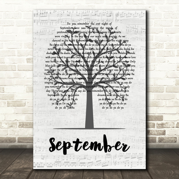 Earth, Wind And Fire September Music Script Tree Decorative Wall Art Gift Song Lyric Print