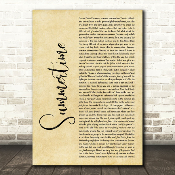 DJ Jazzy Jeff & The Fresh Prince Summertime Rustic Script Decorative Wall Art Gift Song Lyric Print